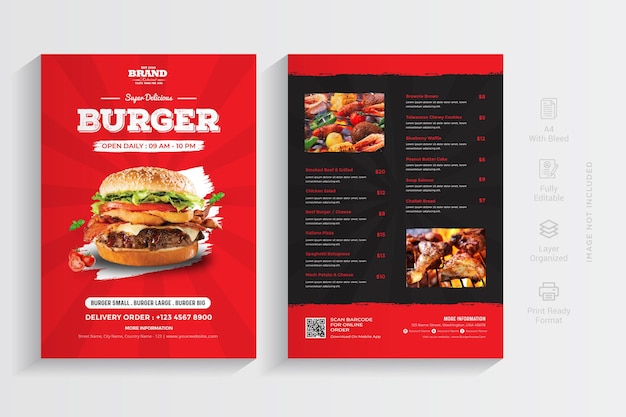 Conception de modèle de menu de restaurant de hamburgers