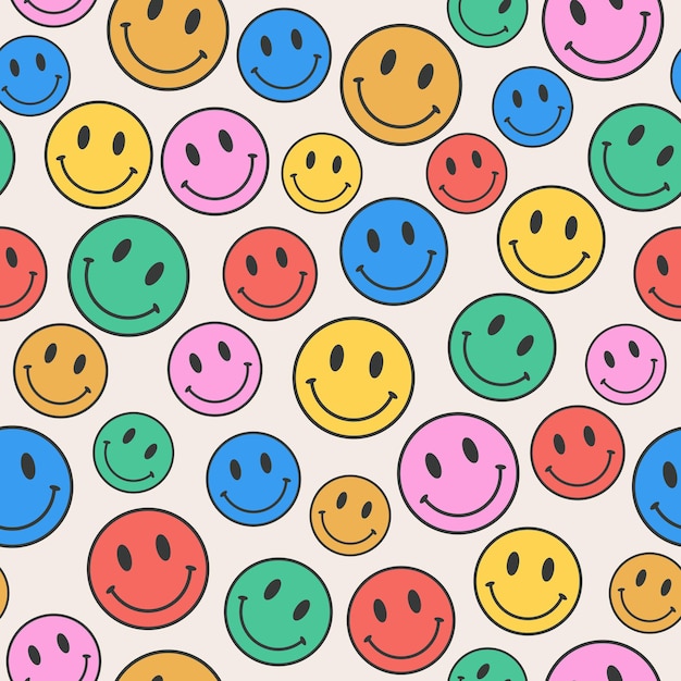 Conception de modèle sans couture de visage souriant. Fond de sourire emoji doodle rétro coloré mignon