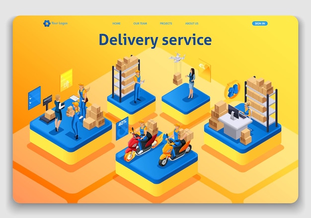 Conception de modèle de site Web. Concept isométrique fonctionnant avec le service de livraison. Livraison express, commande en ligne, call center. Facile à modifier et à personnaliser uiux de la page de destination.