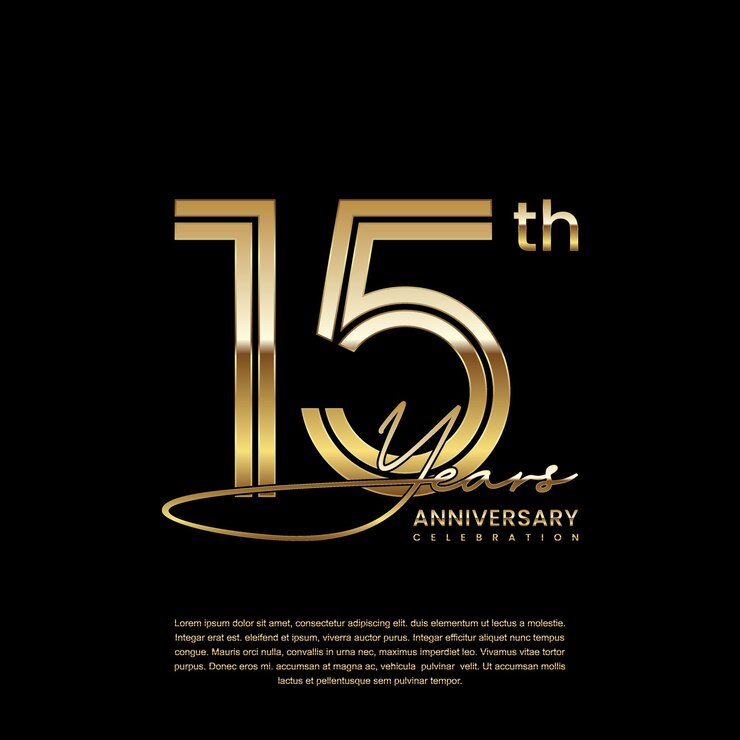 Vecteur conception de modèle avec style de numéro de ligne double en couleur or pour le 15e anniversaire