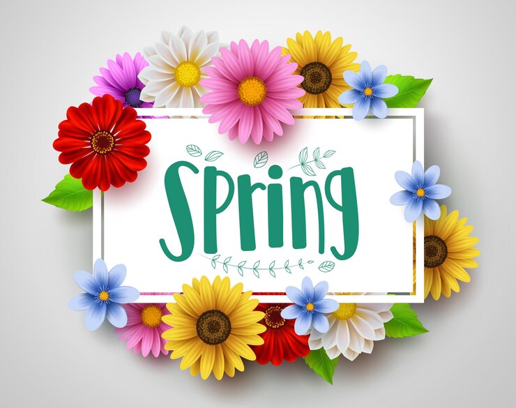 Vecteur conception de modèle de vecteur de printemps avec texte de printemps dans un cadre vide blanc et diverses fleurs colorées.
