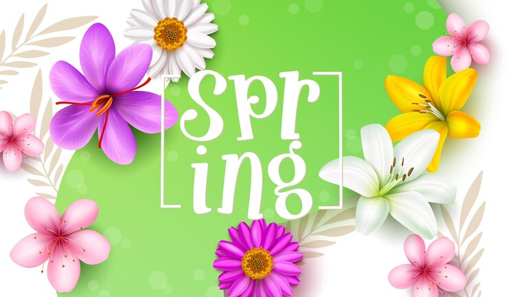 Vecteur conception de modèle vectoriel de texte de printemps. typographie printanière dans l'espace du cadre avec des éléments floraux en fleurs.