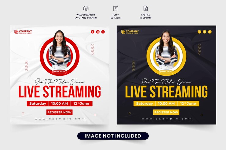 Vecteur conception de modèle de webinaire en direct avec des arrière-plans sombres et blancs pour le marketing des médias sociaux séminaire en ligne annonce de diffusion en direct vecteur de bannière web