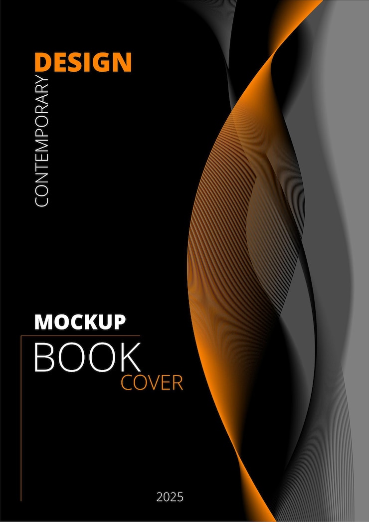 Vecteur conception moderne et élégante de la couverture de livre avec des lignes orange et noires sur un fond sombre créant un visuel dynamique et accrocheur