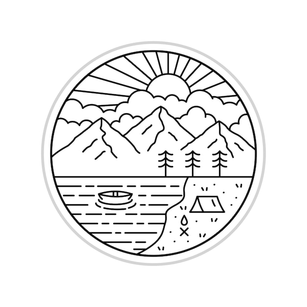 Conception De Montagne Nature Et Camping Près D'un Lac En Dessin Au Trait Mono Pour Autocollant De Badge De T-shirt, Etc.