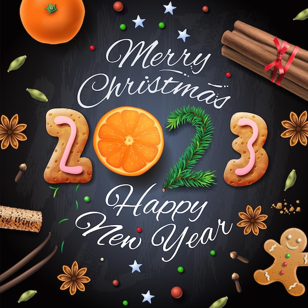 Conception De Noël 2023 Faite Avec Des Biscuits épices Cannelle Anis Vanille Oranges Vecteur