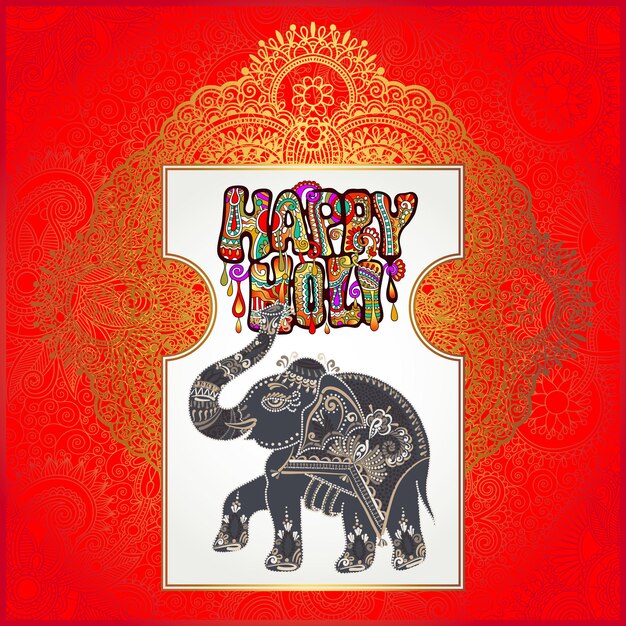 Conception Originale De Happy Holi Avec éléphant Sur Illustration Vectorielle Floral Fond Indien