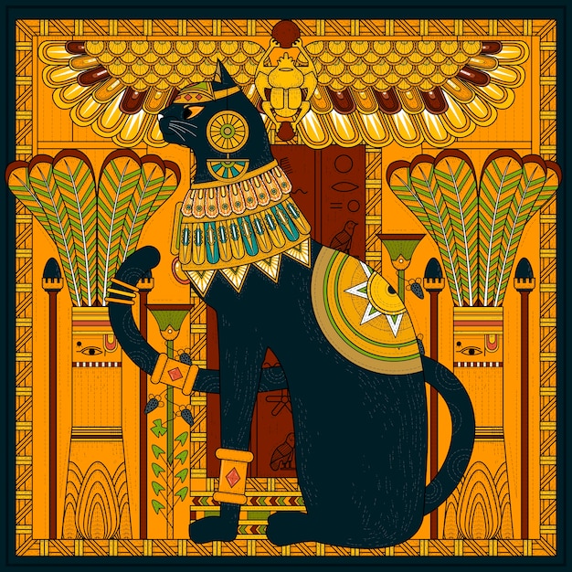 Vecteur conception de page de coloriage de chat élégant dans le style égyptien