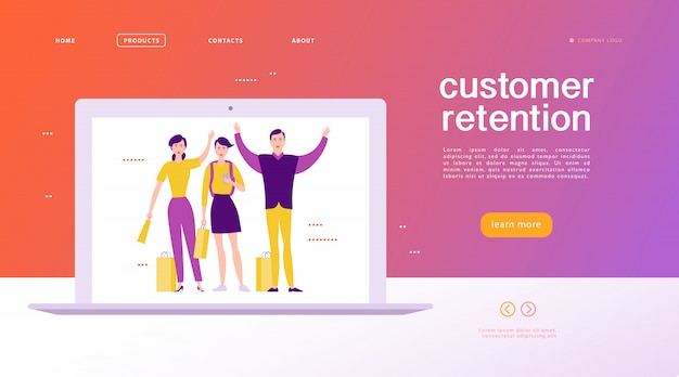 Conception De Pages Web - Thème De Fidélisation De La Clientèle. Acheter Des Gens Heureux Avec Sac De Vente Sur Grand écran D'ordinateur Portable. Page De Destination, Application Mobile, Modèle De Site. Illustration De L'entreprise. Marketing Entrant.