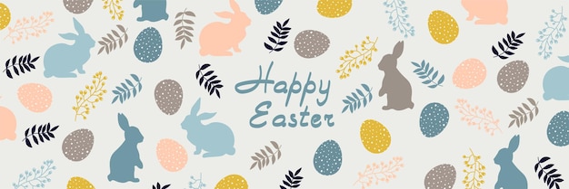 Conception de Pâques avec des oeufs lapins et des fleurs aux couleurs pastel Affiche horizontale