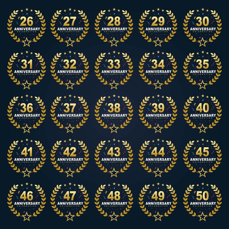 Vecteur conception de paquet de célébration d'anniversaire, 26 à 50 couleurs dorées luxueuses pour l'anniversaire et l'anniversaire.