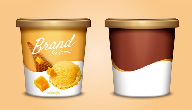 Vecteur conception de paquet de récipient de tasse de crème glacée de mangue dans l'illustration 3d