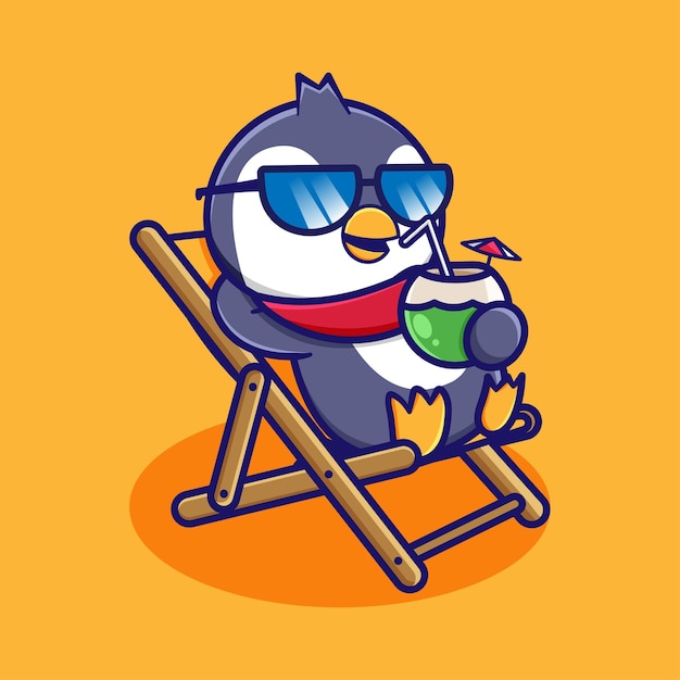 Conception De Pingouin De Dessin Animé Mignon Assis Sur Une Chaise De Plage Buvant De La Noix De Coco