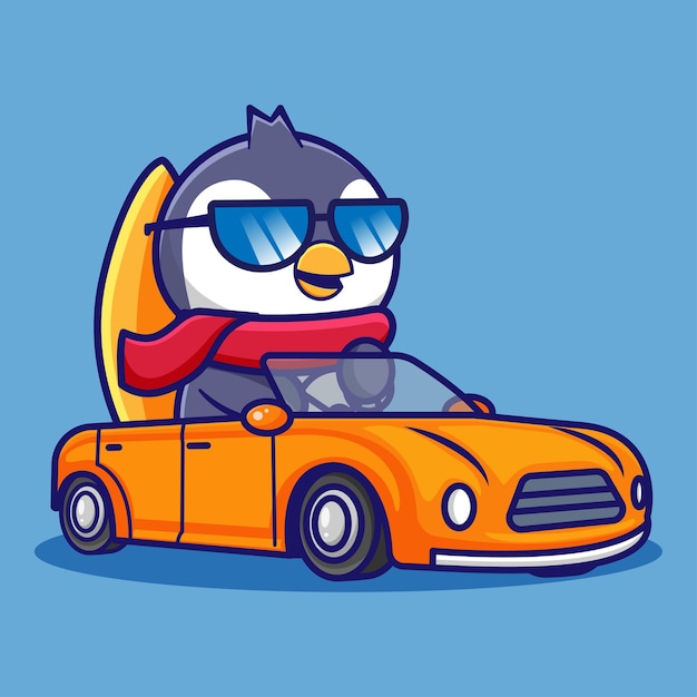 Conception De Pingouin De Dessin Animé Mignon Conduisant Une Voiture