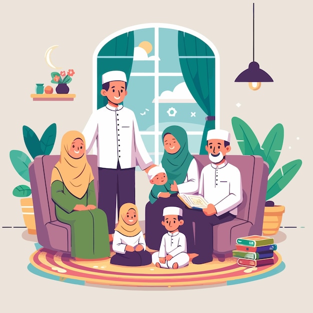 une conception plate de la famille musulmane de la charia à l'Aïd Moubarak et au Ramadan