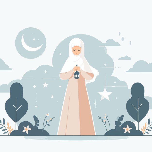 Vecteur une conception plate d'une femme musulmane dans les vibrations du ramadan