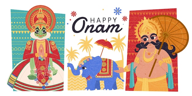 Conception Plate Heureuse D'onam Avec Mahabali, Danseuse De Kathakali Et Procession D'éléphants