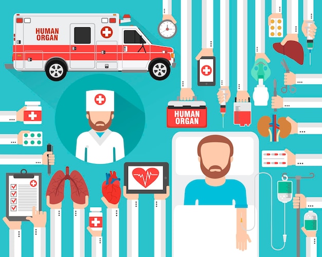 Vecteur conception plate de transplatation d'organe humain avec médecin patient et illustration vectorielle de voiture médicale d'organe humain