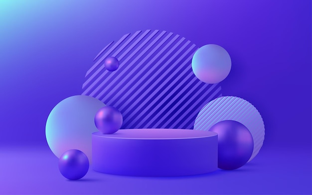 Conception de podium 3D avec une palette de couleurs violettes bannière de vente boules et sphères métalliques au néon brillantes I
