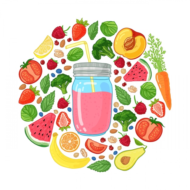 Conception Avec Pot De Smoothie Et Ingrédients Décoration Avec Fruits, Légumes Et Herbes