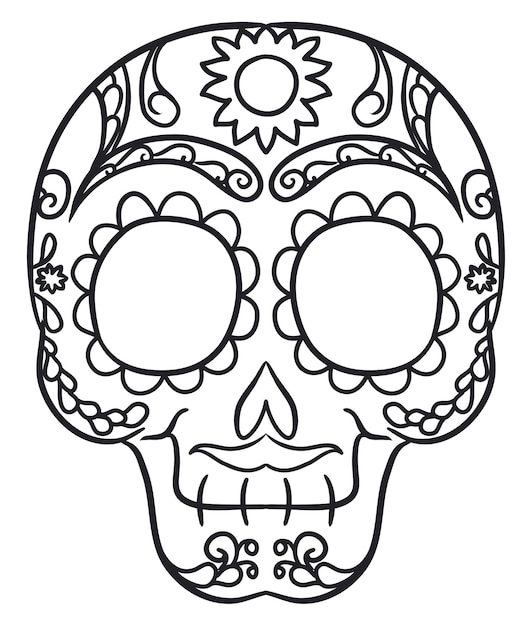 Conception Pour Colorier Le Crâne Mexicain Pour Le Jour Des Morts, Pétales De Fleurs, Feuilles De Vigne Et Moustache