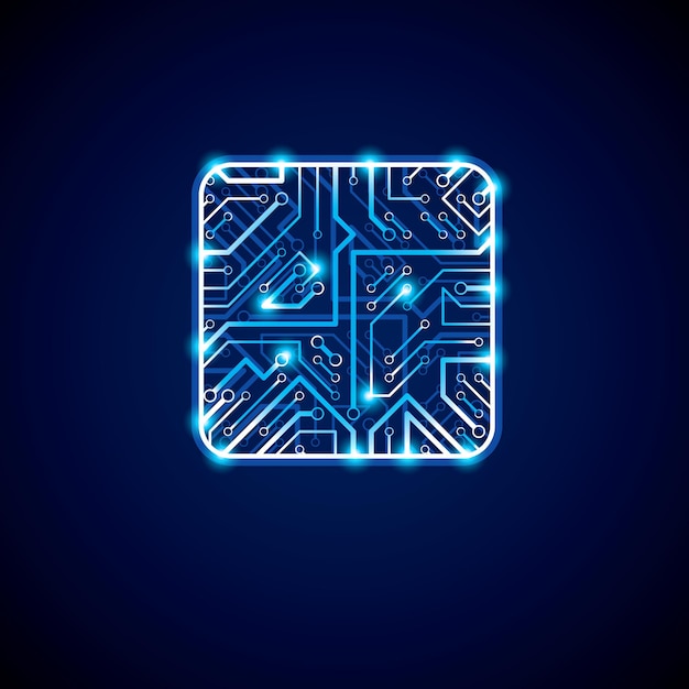 Conception de processeur de technologie vectorielle avec schéma de microprocesseur luminescent carré. Circuit imprimé d'ordinateur, élément numérique néon avec effet flash.