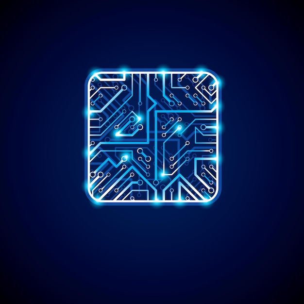 Vecteur conception de processeur de technologie vectorielle avec schéma de microprocesseur luminescent carré. circuit imprimé d'ordinateur, élément numérique néon avec effet flash.