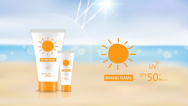 Conception de produit écran solaire sur fond de plage, conception de publicité cosmétique