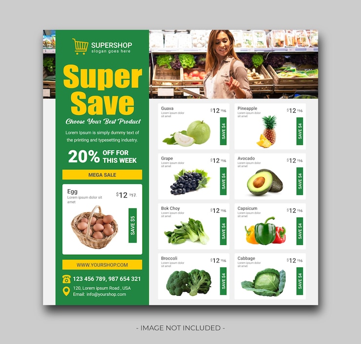Vecteur conception de publication instagram promotionnelle de médias sociaux de vente de supermarché