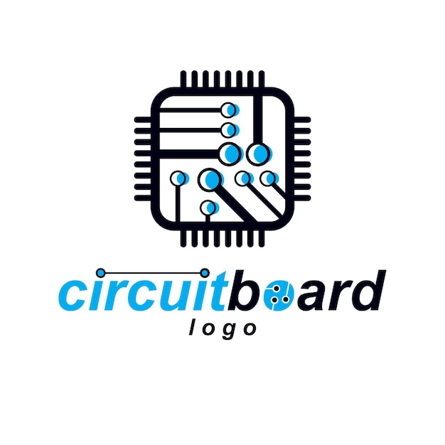 Conception de puces vectorielles, cpu. Élément de technologie de communication de l'information, circuit imprimé en forme carrée. Logo abstrait du schéma de microprocesseur.