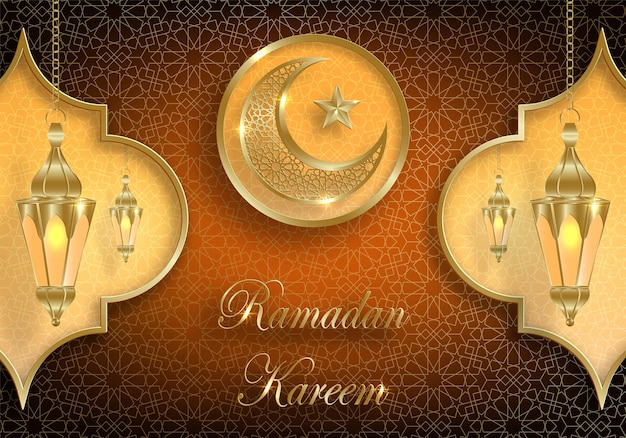 Conception De Ramadan Kareem Sur Fond Islamique Avec Motif Or Sur Fond De Couleur Papier (transaltion : Ramadan Kareem)