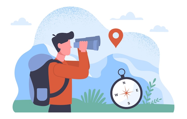 Vecteur conception de randonnées en montagne homme avec sac à dos et jumelles et boussole randonnée et camping actif
