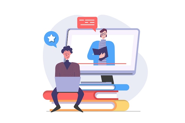 Conception de retour à l'école dans un design plat moderne pour le web Étudiant apprenant en ligne et regardant des leçons vidéo Formation à distance sur un ordinateur portable Étudier dans des programmes ou des cours d'apprentissage électronique Illustration vectorielle