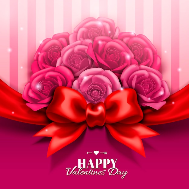 Conception De La Saint-valentin Heureuse Avec Boutique De Roses Et Arc Rouge En Illustration 3d