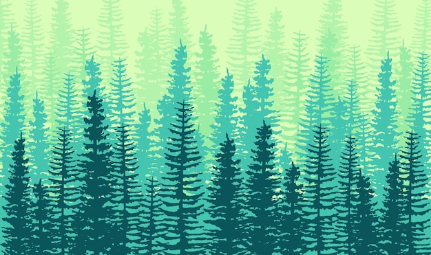 Conception sans couture horizontale de forêt de pins de brume verte dans des tons de silhouettes d'arbres verts