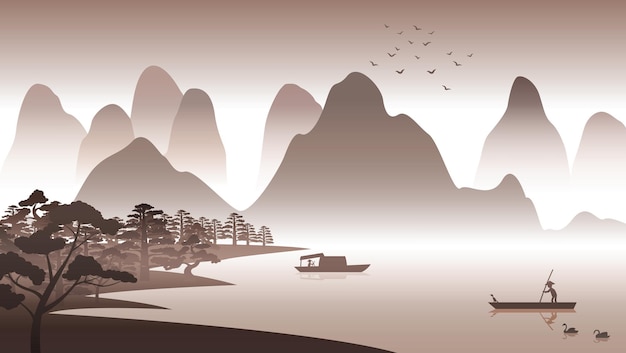 Vecteur conception de silhouette de paysages naturels de chine