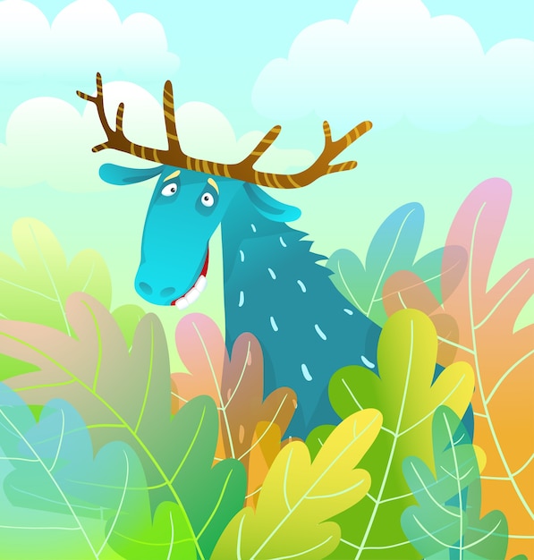 Conception Silly Moose à La Recherche Amusante Et Excentrique Dans Le Dessin Animé De Style Aquarelle Coloré De Fond De Forêt.