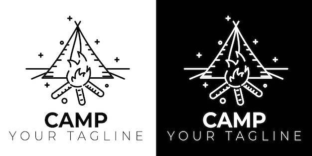 Conception Simple De Logo De Camp De Logo De Camping En Noir Et Blanc Avec Des Lignes De Symboles