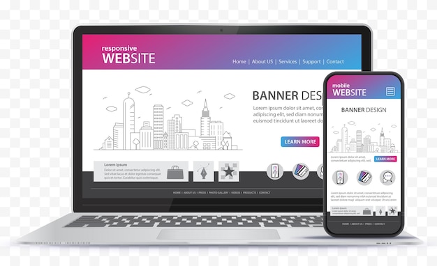 Conception d'un site Web réactif avec une illustration vectorielle de l'écran d'un ordinateur portable et d'un téléphone portable