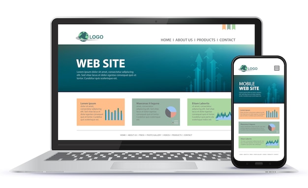 Vecteur conception de site web réactif avec ordinateur portable et illustration d'écran de téléphone portable