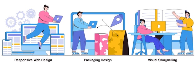 Conception de sites Web réactifs Conception d'emballage Concept de narration visuelle avec personnage de personnes Développement multiplateforme Développement de marque Contenu marketing Ensemble d'illustrations vectorielles abstraites