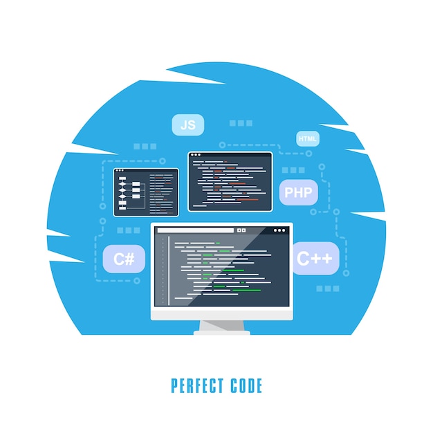 Conception de style plat, codage, programmation, concept de développement d'applications.