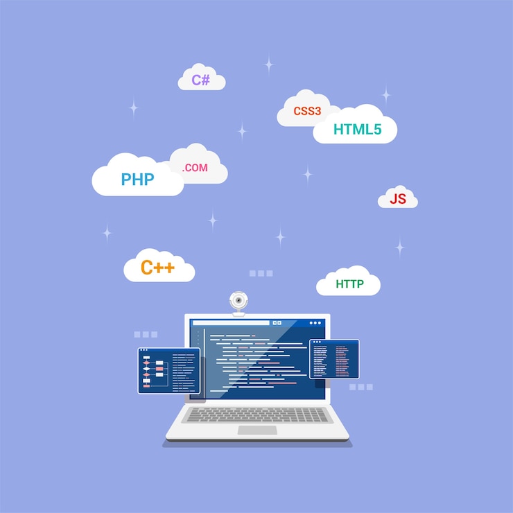 Vecteur conception de style plat, codage, programmation, concept de développement d'applications.