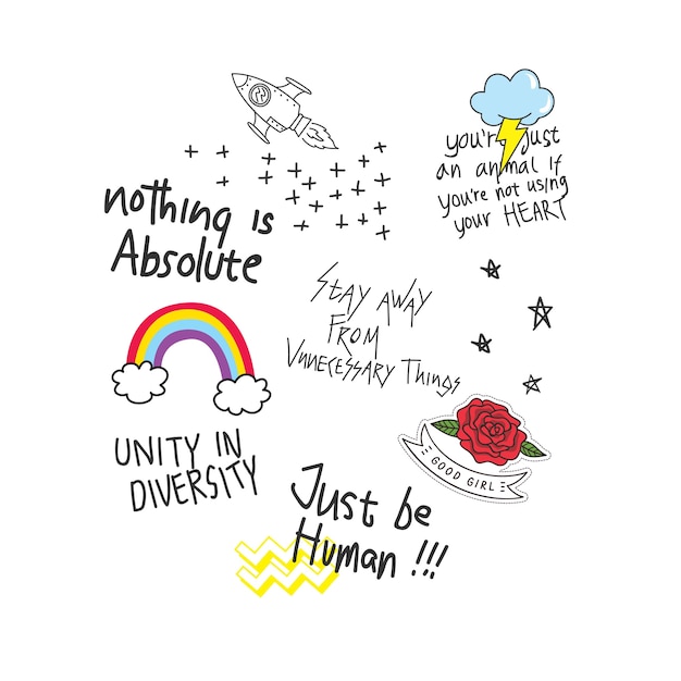 Conception De T-shirt Cool Dans Le Style De Doodle Avec Des Correctifs Et Des Citations Manuscrites