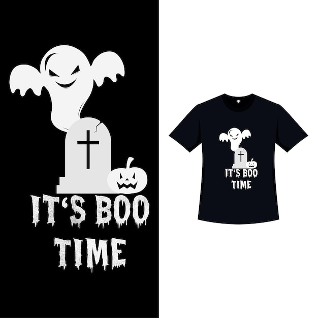 Conception De T-shirt De Couleur Noire D'halloween Avec Un Fantôme Blanc Effrayant Conception De Silhouette D'élément D'halloween Avec Une Pierre Tombale Fantôme Effrayante Et Une Calligraphie Conception De T-shirt Effrayant Pour Halloween