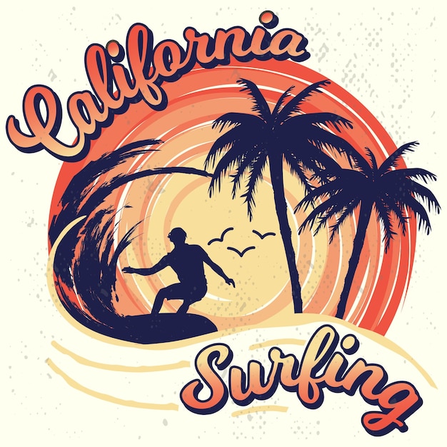 Vecteur conception de t-shirt d'été de surf rétro californien