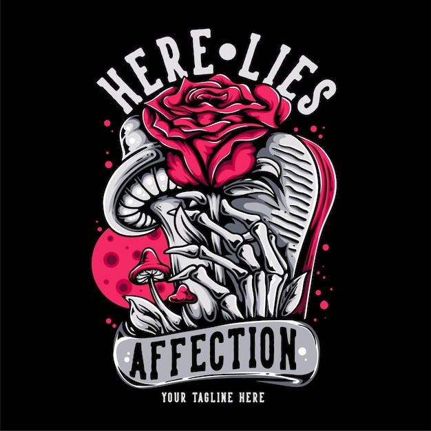 Vecteur la conception de t-shirt ici réside l'affection avec la main squelette se lever de la tombe saisissant rose vintage