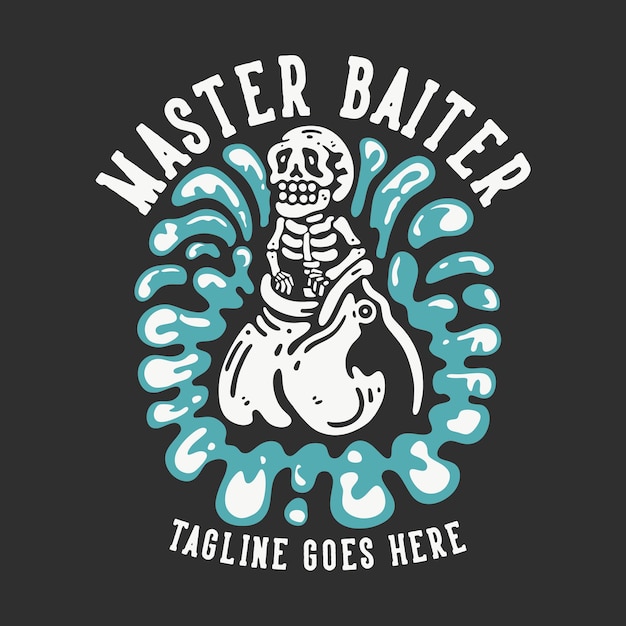 Vecteur conception de t-shirt maître appât avec squelette mangé par des poissons avec illustration vintage de fond gris