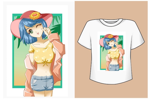 conception de t-shirt maquette fille heureuse avec un joli chapeau en été