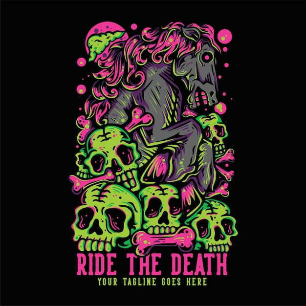 Vecteur conception de t-shirt monter la mort avec un cheval musclé sur les crânes avec un fond noir vintage